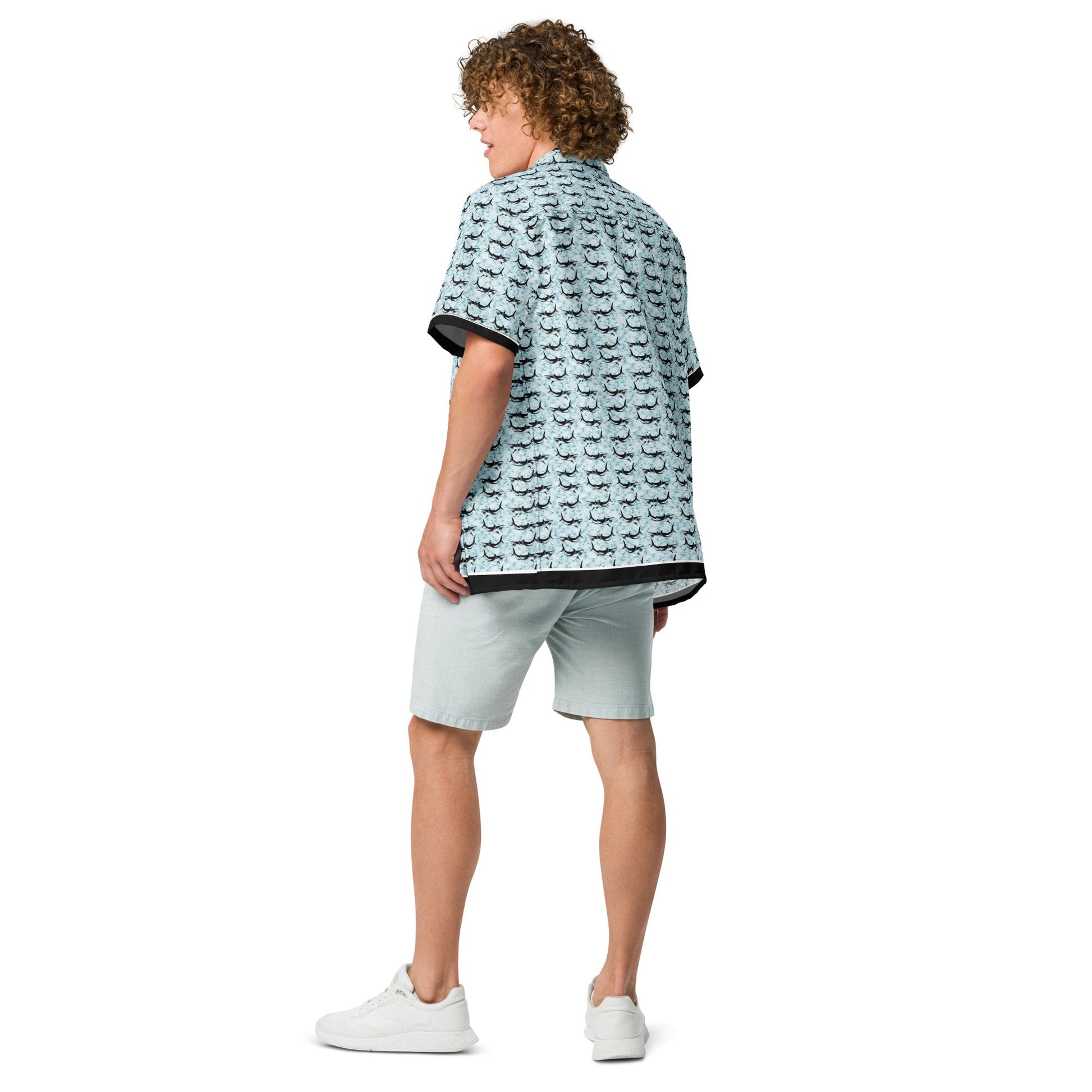 Shark Frenzy button-up shirt by BACKUPMYFILESNOW.COM® featuring a shark pattern on a casual collared shirt.