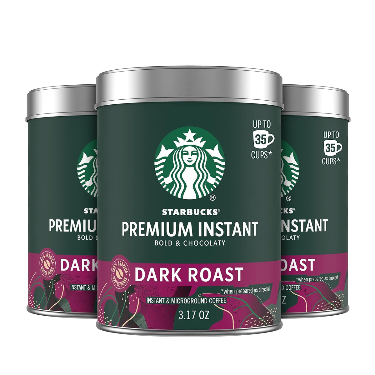 Three tins of Starbucks Premium Instant Dark Roast Coffee with Arabica beans, each 3.17 oz, displayed in a row.