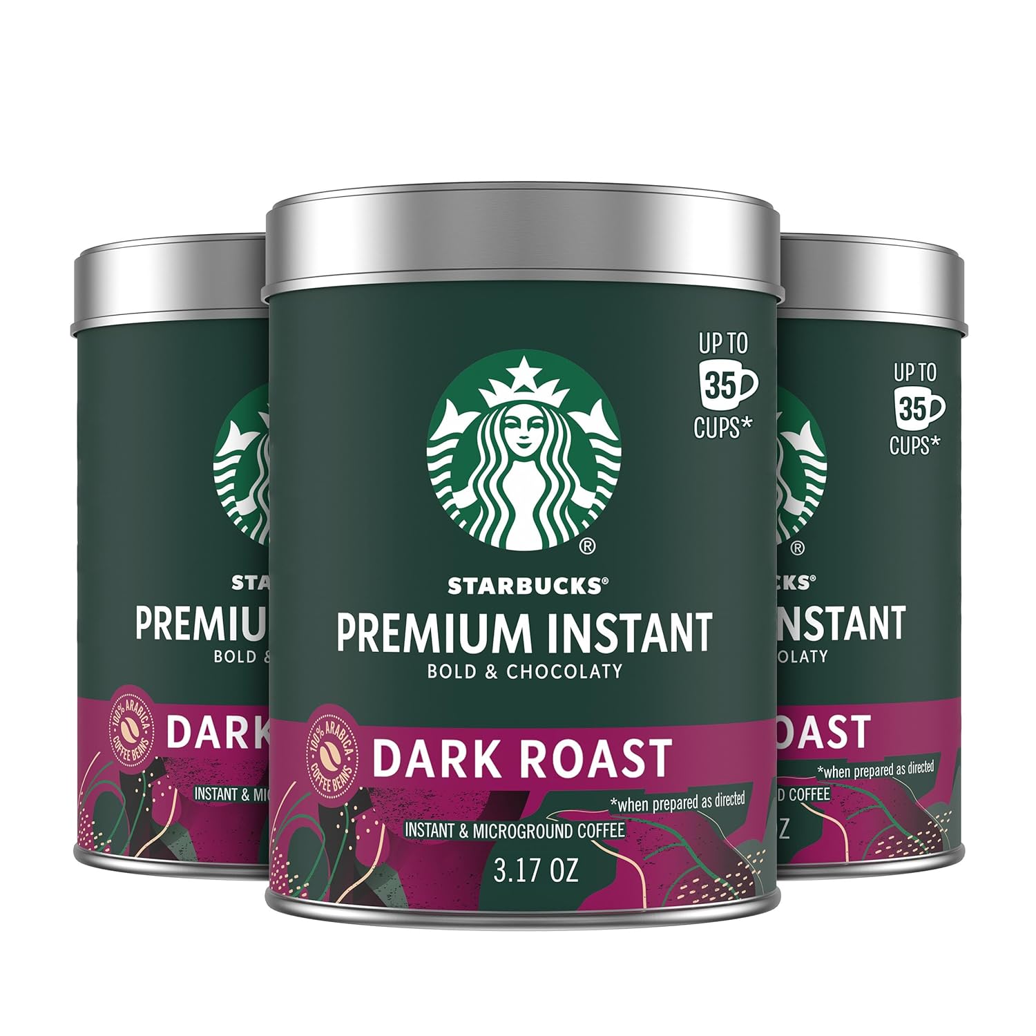 Three tins of Starbucks Premium Instant Dark Roast Coffee with Arabica beans, each 3.17 oz, displayed in a row.