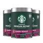 Three tins of Starbucks Premium Instant Dark Roast Coffee with Arabica beans, each 3.17 oz, displayed in a row.