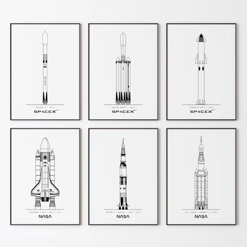 Minimalist NASA and SpaceX rocket blueprint canvas art for living room decor, featuring modern space rocket design on unframed wall art.