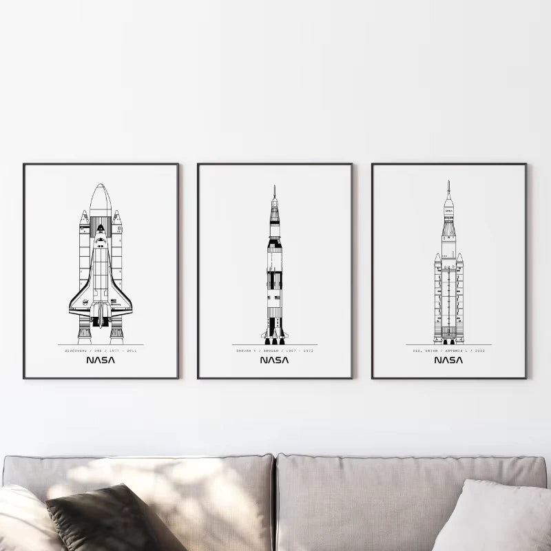 Minimalist NASA and SpaceX rocket blueprint canvas wall art, unframed, suitable for modern living room home decor.