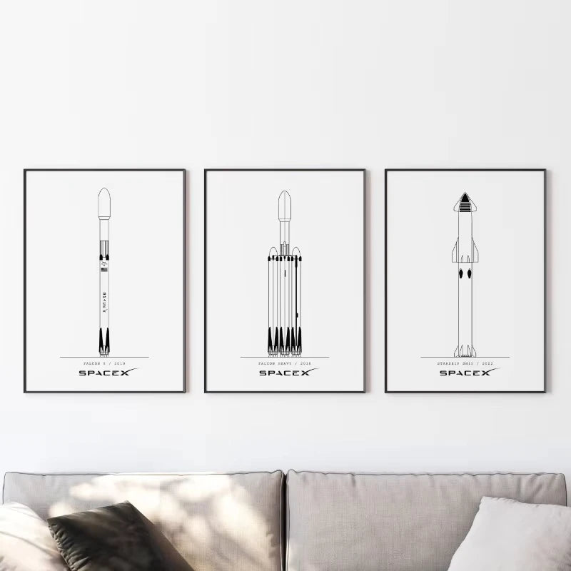 Minimalist NASA and SpaceX rocket blueprint canvas wall art, unframed 20x30cm, modern space-themed decor for living room or home.