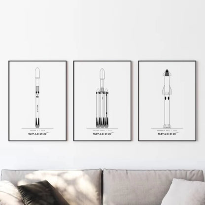 Minimalist NASA and SpaceX rocket blueprint canvas wall art, unframed 20x30cm, modern space-themed decor for living room or home.