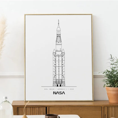 Minimalist NASA and SpaceX space rocket blueprints canvas art print, modern wall decor for living rooms or home spaces.