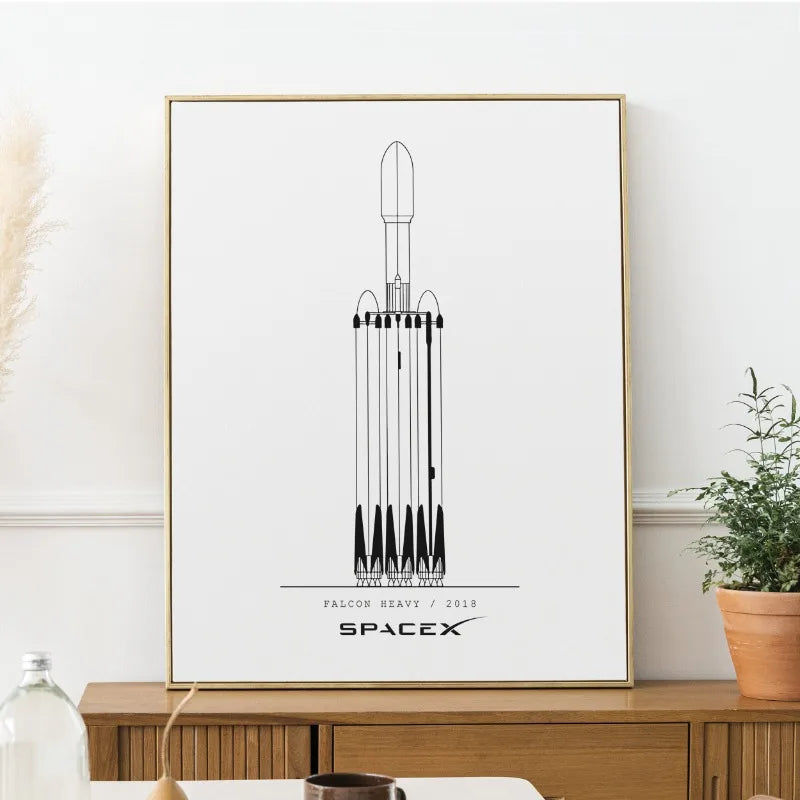 Minimalist NASA and SpaceX rocket blueprint canvas painting, modern wall art for living room decor, unframed, 20x30cm.