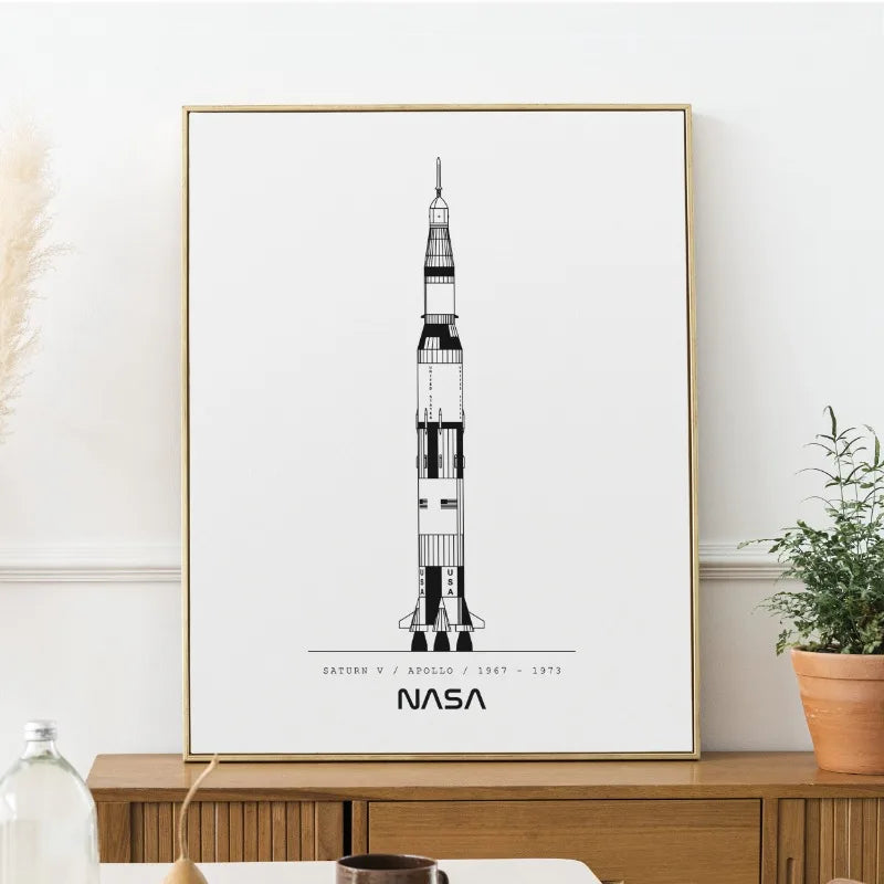 Minimalist NASA and SpaceX rocket blueprint canvas wall art, unframed 20x30cm for modern living room decor.