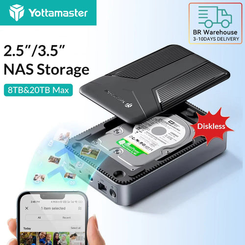 Yottamaster 2.5"/3.5" SATA SSD HDD external enclosure for NAS network storage, Type C connection, designed for gamers and cloud storage.