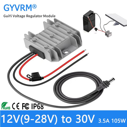 Starlink Mini 12V DC step-up converter with power cord, 9-28V input and 30V 3.5A output for Starlink Mini devices.