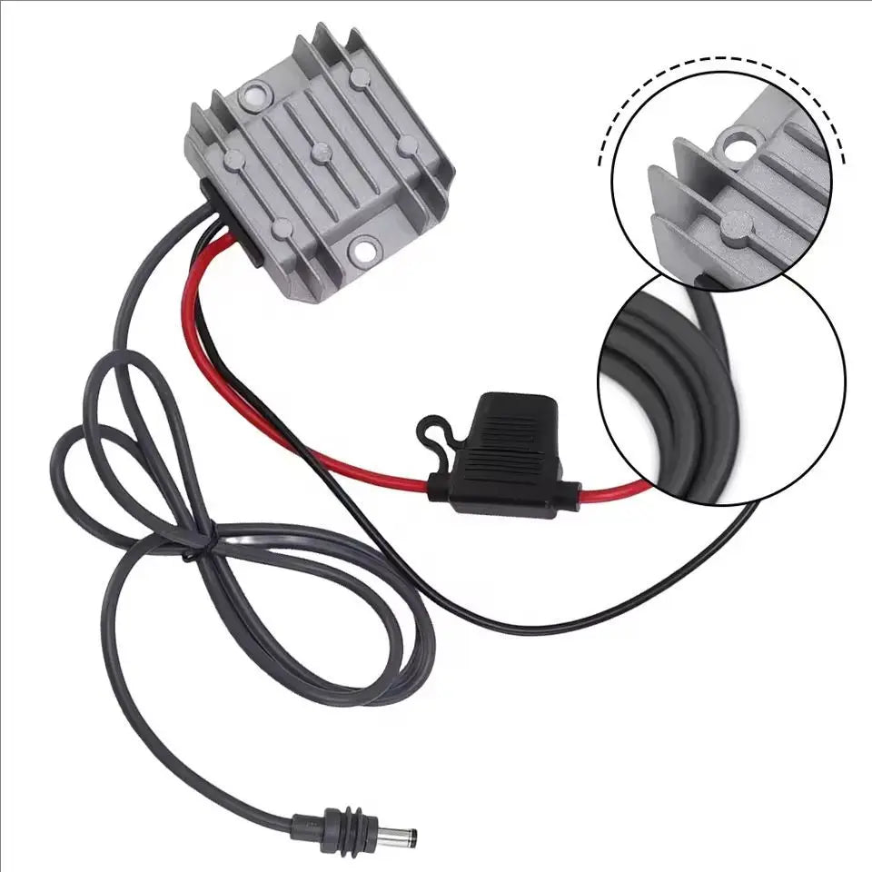 Starlink Mini 12V DC step-up converter with power cord, 9-28V input, 30V 3.5A output, for Starlink Mini power setup.