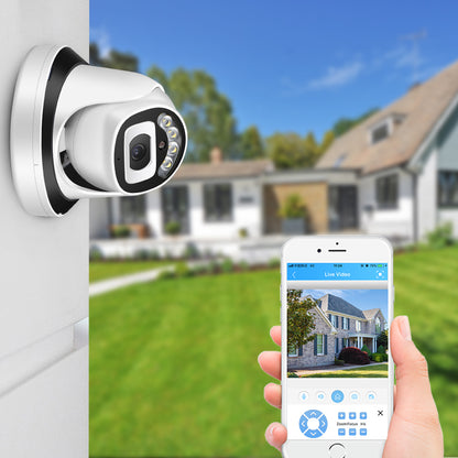Dual optical 4MP IP security camera by BackupMyFilesNow.com, featuring 3-6mm lens for high-resolution surveillance.