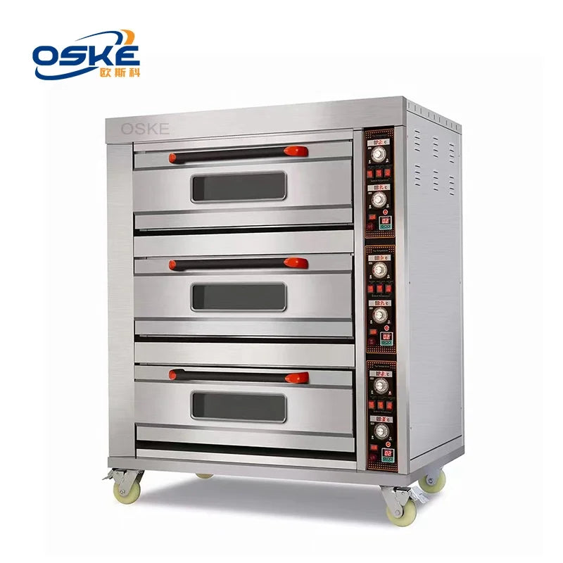 Commercial bakery oven with three decks and six trays, gas and electric options, for professional bakery kitchens.