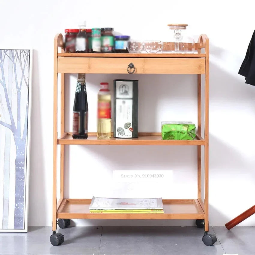 Movable bamboo dining trolley with 3/4 layers, ideal as a small kitchen or living room side cabinet with versatile storage.