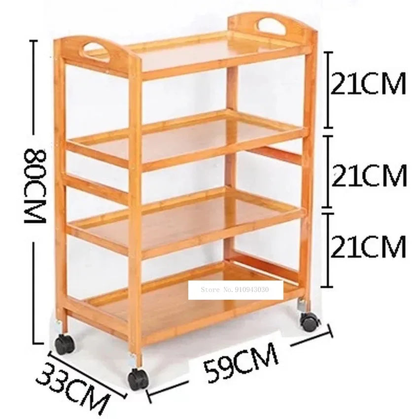 Movable bamboo dining trolley with three layers, small side cabinet for living room, kitchen, or salon use, brown finish.
