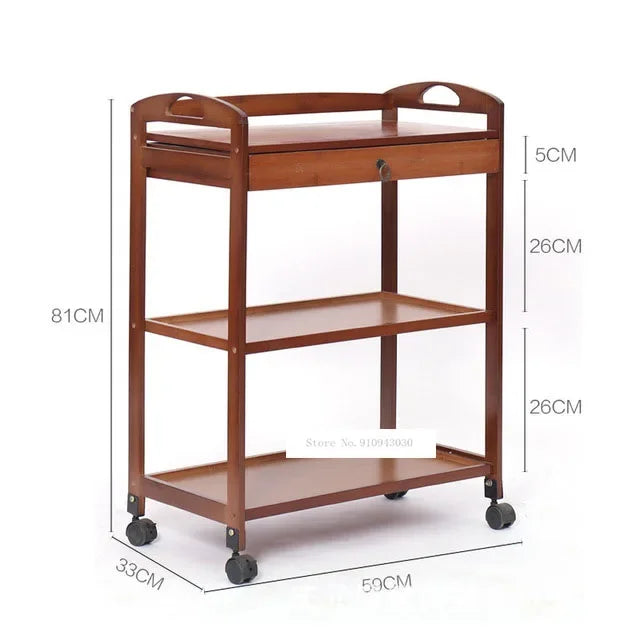 Brown bamboo movable dining trolley with 3 layers, ideal for tea, dining, or salon use, and small kitchen or living room storage.