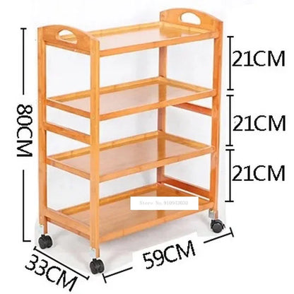 Movable bamboo dining trolley with three layers, ideal for kitchen, living room, or salon use, in brown with a compact design.