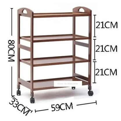 Movable bamboo dining trolley with 3 layers, ideal for living room, kitchen, or salon storage, in brown with wheels.
