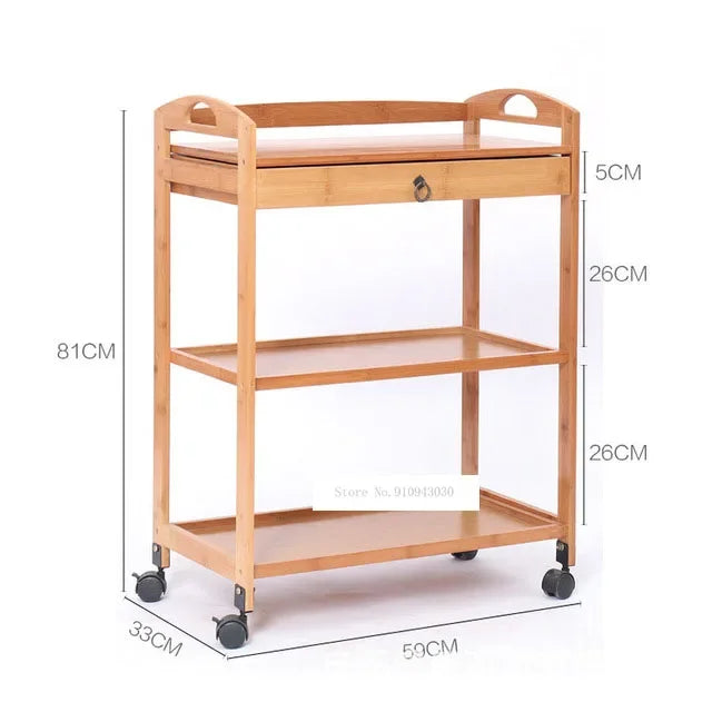 Movable bamboo dining trolley with 3 layers, small kitchen shelf, and side cabinet for tea, dining, or salon use.