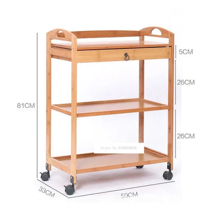 Movable bamboo dining trolley with 3 layers, small kitchen shelf, and side cabinet for tea, dining, or salon use.