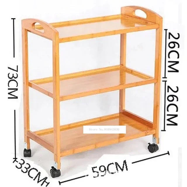 Brown bamboo movable dining trolley with 3/4 layers, ideal for tea, dining, or salon use, featuring a compact, versatile design.