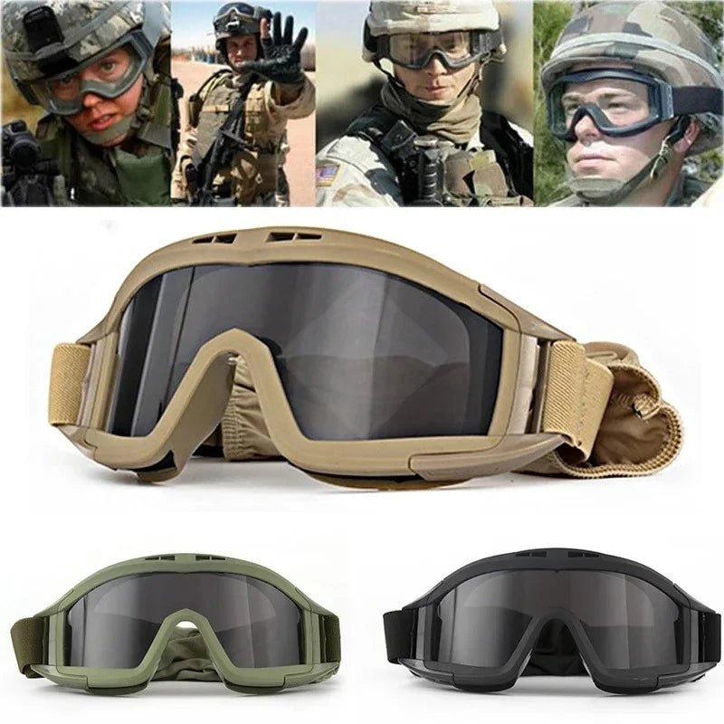BackupMyFilesNow® airsoft tactical goggles with three lenses, khaki color, windproof and dustproof design for shooting and motocross safety.