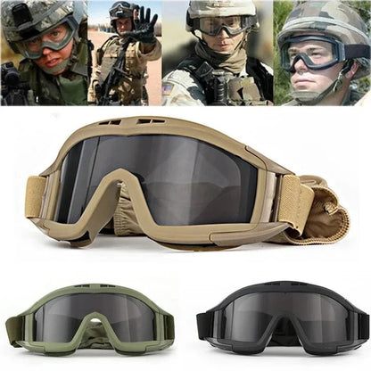 BackupMyFilesNow® airsoft tactical goggles with three lenses, khaki color, windproof and dustproof design for shooting and motocross safety.