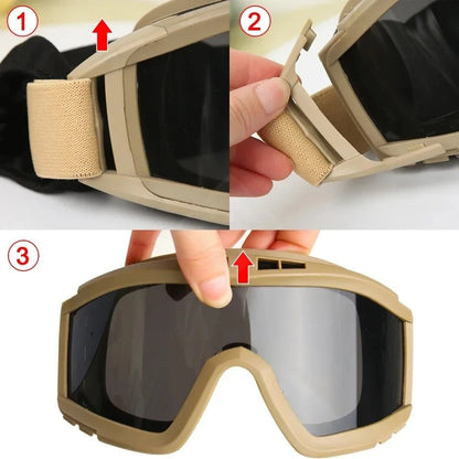 BackupMyFilesNow.com tactical airsoft goggles with three lenses, khaki color, windproof and dustproof design for shooting and motocross.