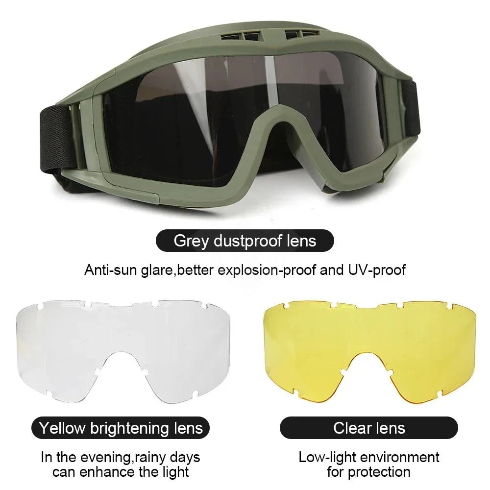 BackupMyFilesNow® Airsoft tactical goggles with three lenses, khaki color, windproof, dustproof, suitable for shooting and motocross activities.