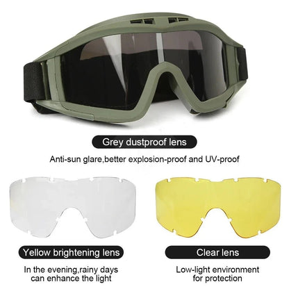 BackupMyFilesNow® Airsoft tactical goggles with three lenses, khaki color, windproof, dustproof, suitable for shooting and motocross activities.