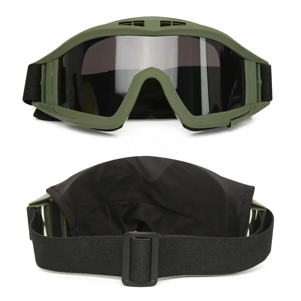 BackupMyFilesNow® Airsoft tactical goggles with three lenses, khaki color, windproof and dustproof design for shooting and motocross protection.