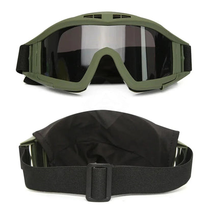 BackupMyFilesNow® Airsoft tactical goggles with three lenses, khaki color, windproof and dustproof design for shooting and motocross protection.