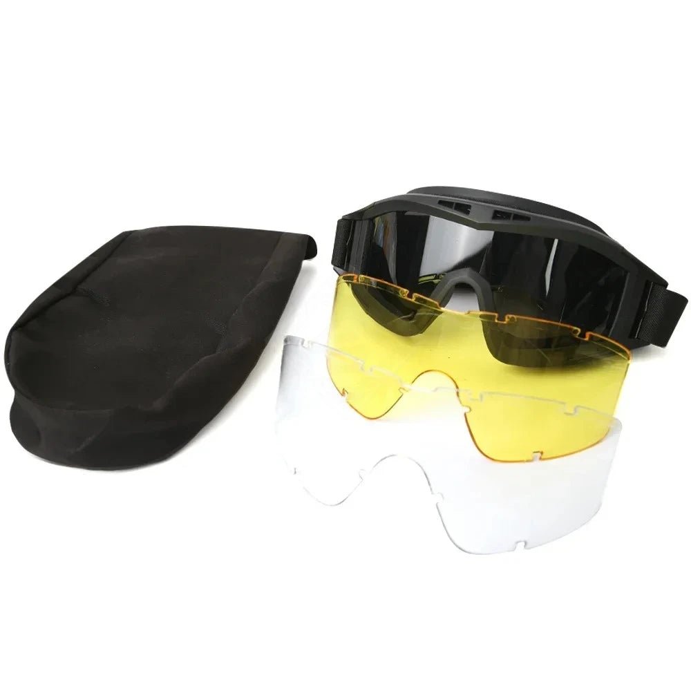 BackupMyFilesNow® airsoft tactical goggles with three lenses, windproof and dustproof design for shooting, motocross, and mountaineering.