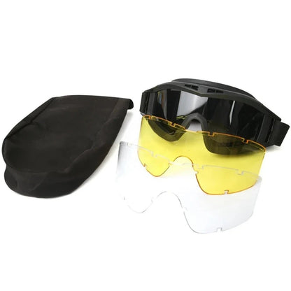 BackupMyFilesNow® airsoft tactical goggles with three lenses, windproof and dustproof design for shooting, motocross, and mountaineering.