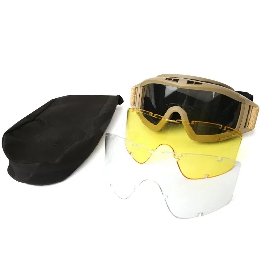 BackupMyFilesNow® Airsoft tactical goggles with three lenses, khaki, windproof, dustproof, for shooting, motocross, and mountaineering safety.