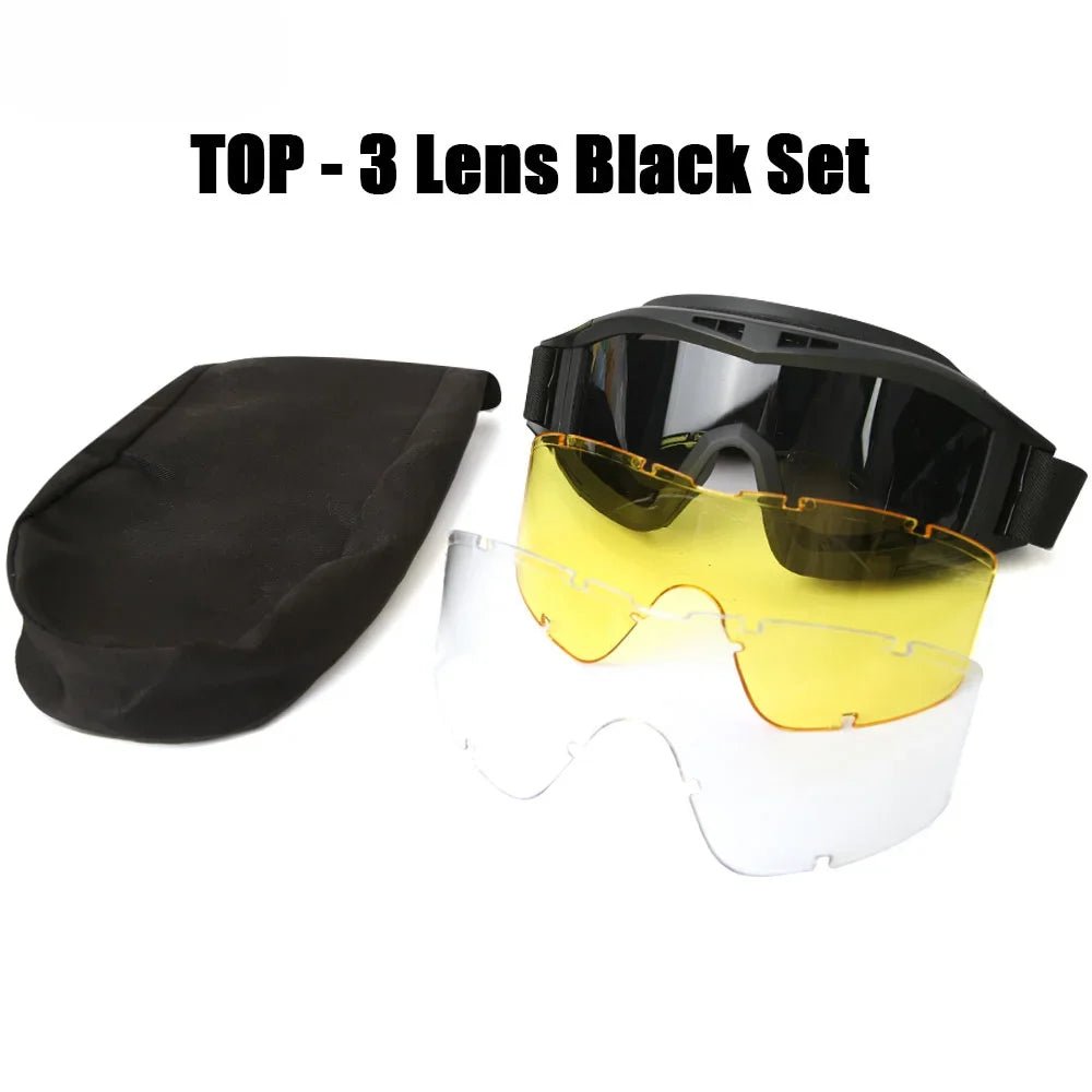 BackupMyFilesNow® Airsoft tactical goggles with three lenses, khaki color, windproof and dustproof for shooting and motocross safety