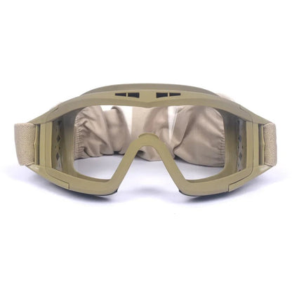 BackupMyFilesNow® tactical airsoft goggles with three lenses, khaki color, windproof and dustproof design for motocross and shooting.