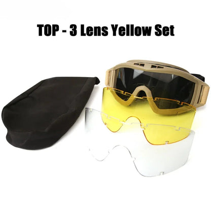 BackupMyFileSNOW® Airsoft tactical goggles with three lenses, khaki, windproof, dustproof, suitable for shooting and motocross.