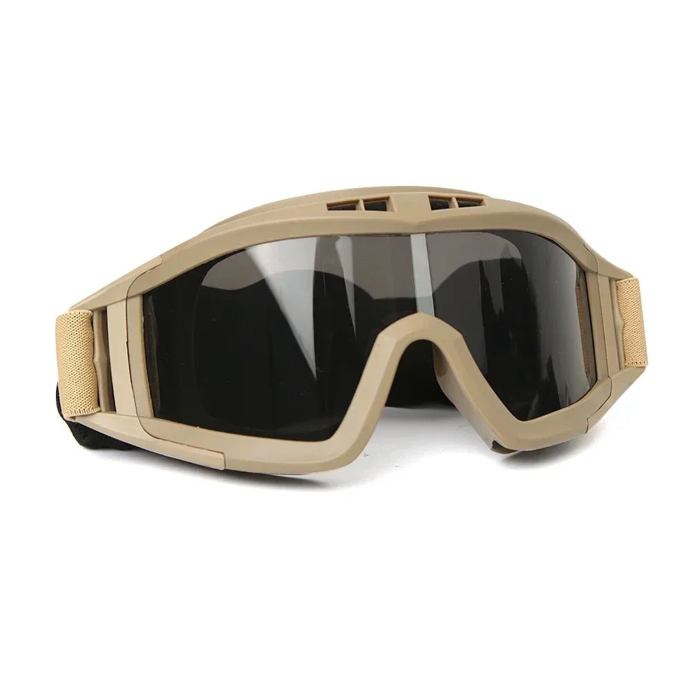 BackupMyFilesNow® Airsoft tactical goggles with three lenses, khaki, windproof and dustproof for shooting, motocross, and mountaineering.
