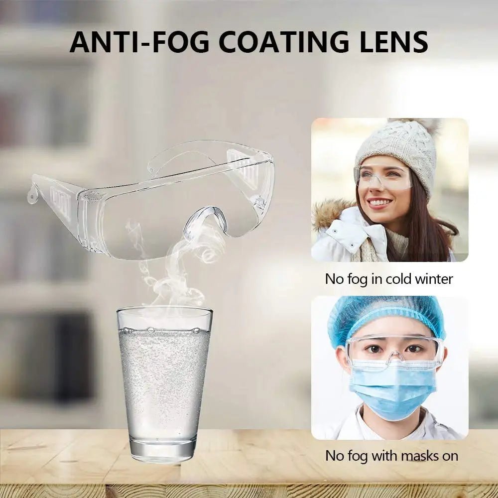 Three pairs of transparent safety anti-fog goggles for over eyeglasses, dust and chemical splash-proof, ANSI Z87.1 certified, wrap-around protection.