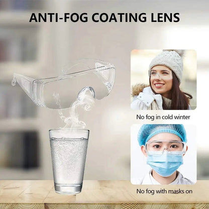 Three pairs of transparent safety anti-fog goggles for over eyeglasses, dust and chemical splash-proof, ANSI Z87.1 certified, wrap-around protection.