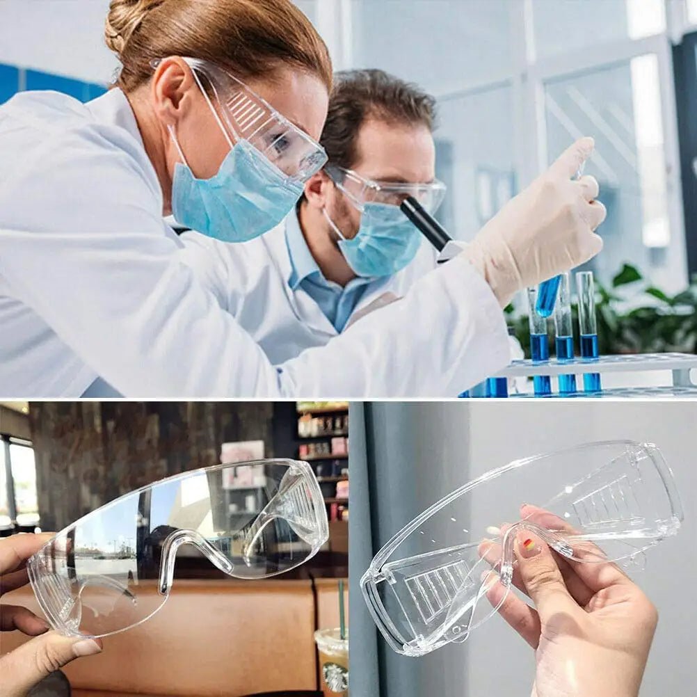 Set of three transparent safety anti-fog goggles by BACKUPMYFILESNOW.COM®, dust and chemical splash-proof, over eyeglasses, ANSI Z87.1 certified