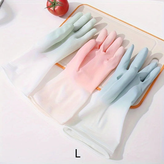 Pair of waterproof household cleaning gloves from BACKUPMYFILESNOW.COM®, durable kitchen dishwashing and laundry washing gloves.
