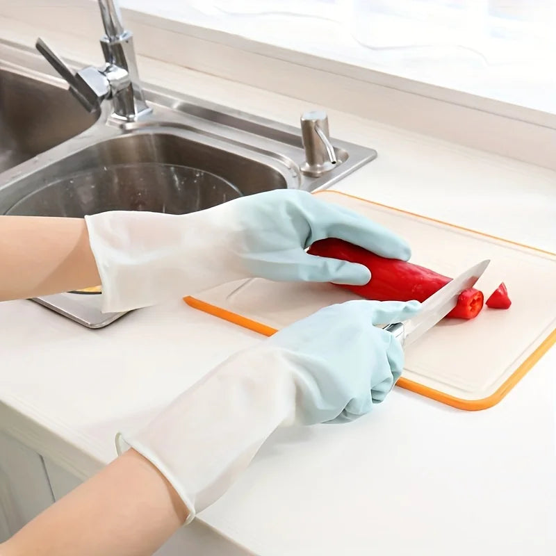 Pair of waterproof household cleaning gloves from BACKUPMYFILESNOW.COM® used for kitchen dishwashing and laundry cleaning.