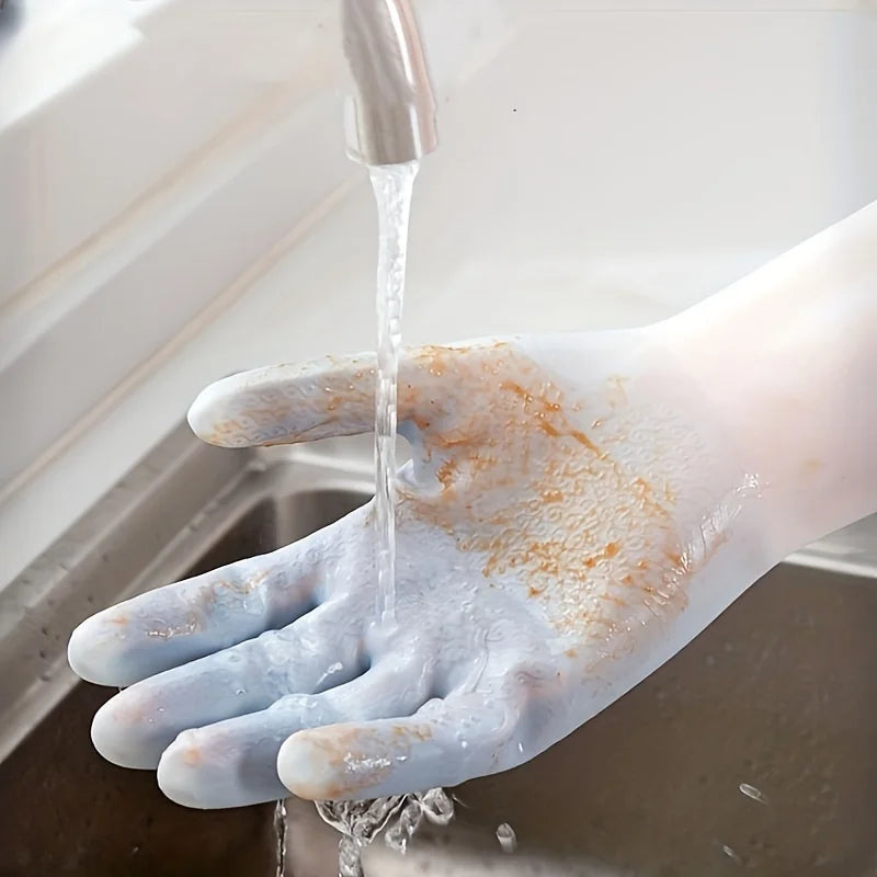Pair of waterproof household cleaning gloves from BACKUPMYFILESNOW.COM®, durable kitchen dishwashing and laundry washing gloves.