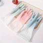 Pair of waterproof household cleaning gloves from BACKUPMYFILESNOW.COM®, durable for dishwashing and laundry tasks, in a natural setting.