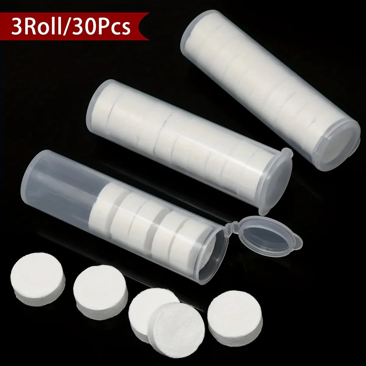 Three tubes containing 30 compressed heavy-duty white towels, compact and lightweight, ideal for camping, fitness, and travel.
