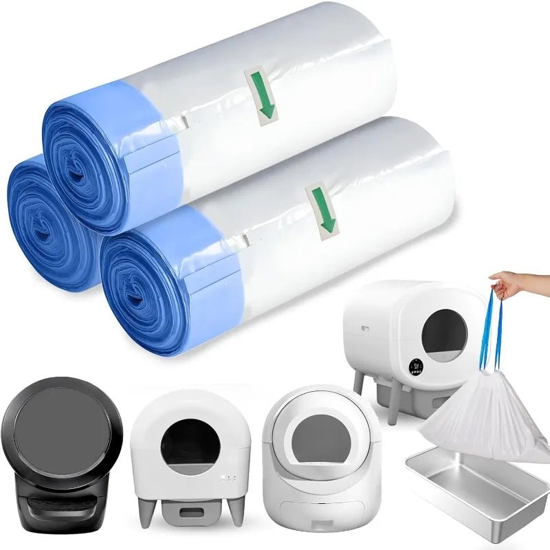 Three rolls of BackupMyFilesNow® self-cleaning cat litter box liners with drawstrings, extra thick for automatic litter boxes and robots.