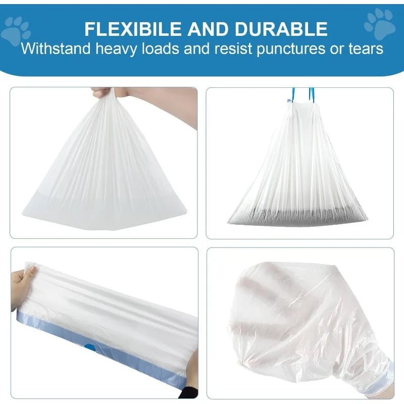 Five rolls of thick self-cleaning cat litter box liners with drawstrings for automatic cat litter boxes and robot litter boxes.
