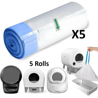 Three rolls of BackupMyFilesNow® self-cleaning cat litter box liners with drawstrings, extra thick and designed for automatic litter boxes.