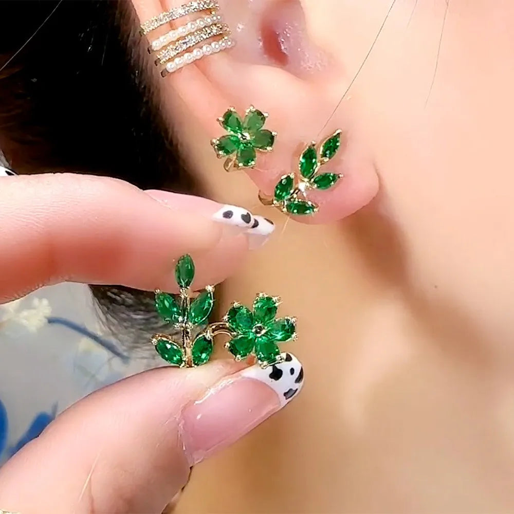 925 silver needle green flower earrings for women with zircon leaf design, Korean fashion jewelry, trending luxury stud earrings